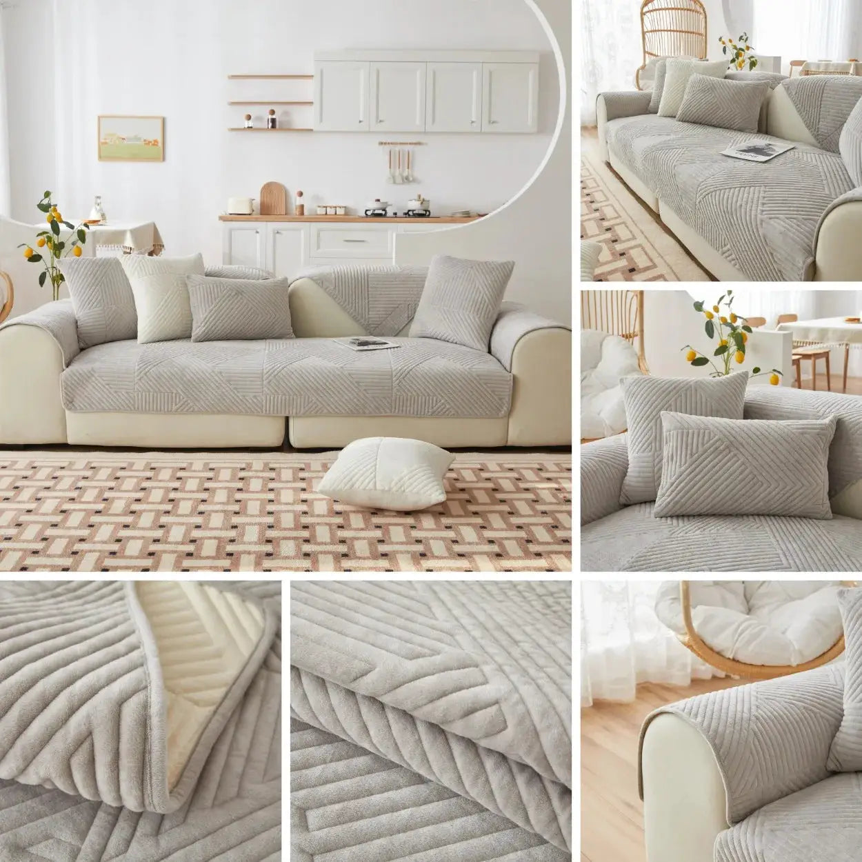 Crystal Velvet sofa cover in light gray, non-slip modern couch protector for living room