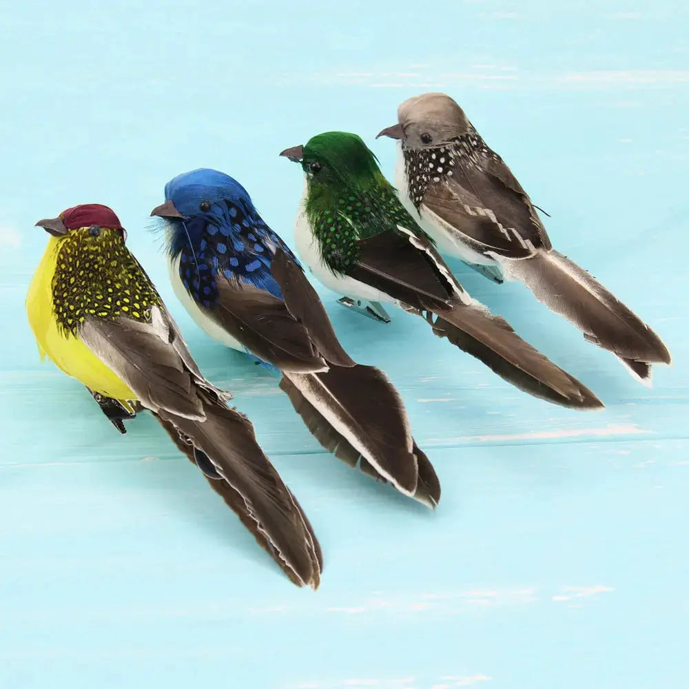 Artificial foam feather birds, garden decor set of 4 in yellow, blue, green, and gray.