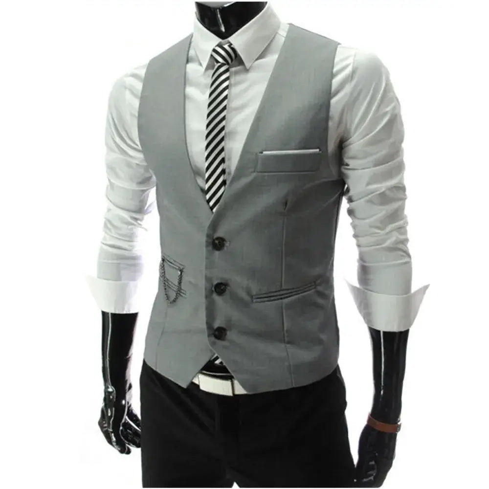Men's grey slim-fit dress vest waistcoat with chain pocket detail