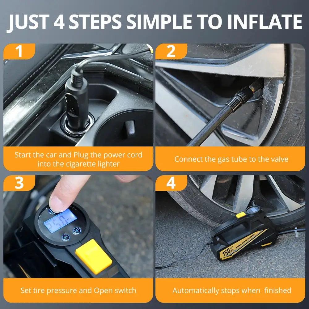 Upgraded 12V Corded Car Air Pump 150 PSI Tire Inflator With LED Light