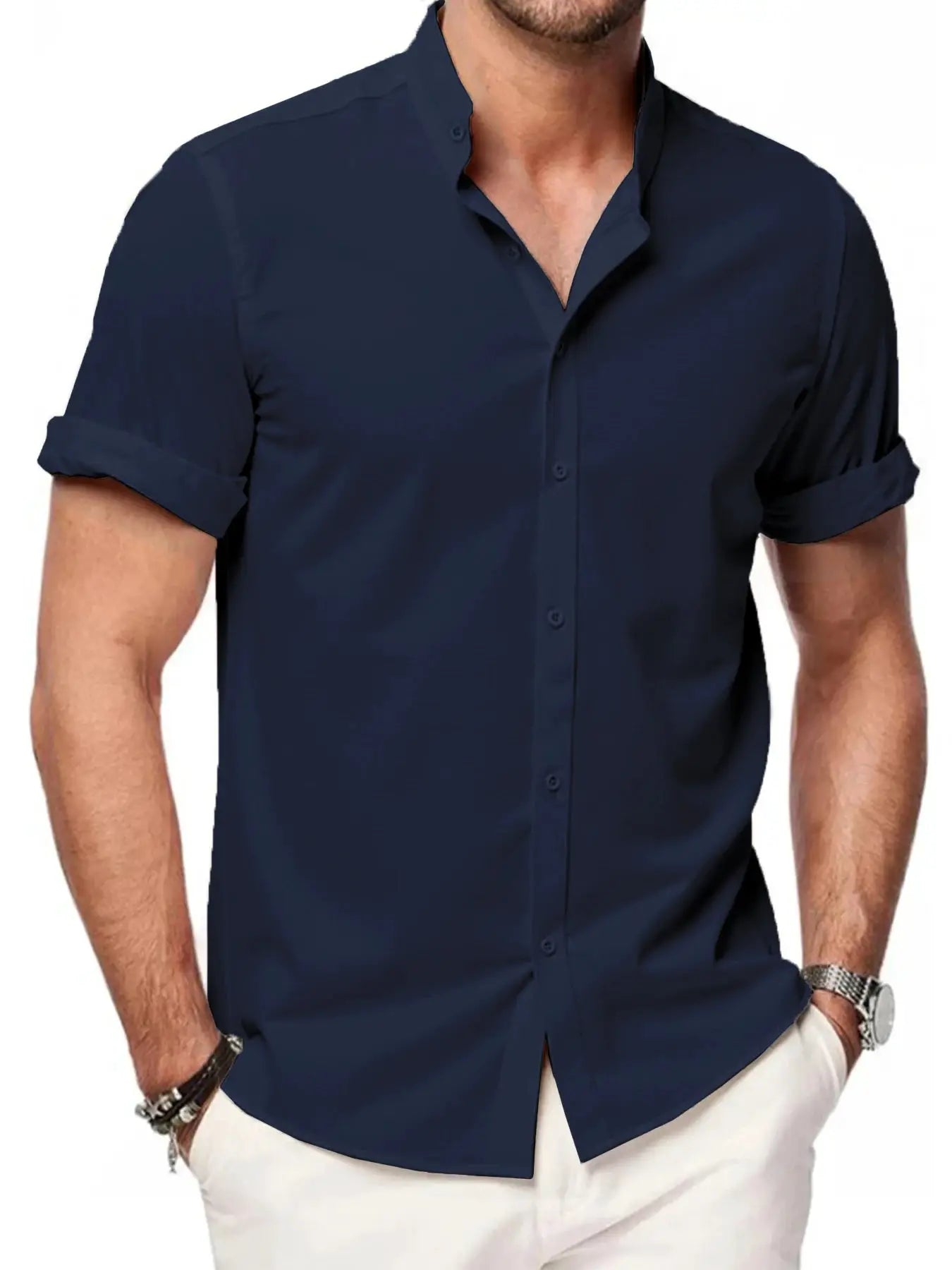 Men's navy linen short-sleeve shirt with stand-up collar, loose fit for casual beachwear