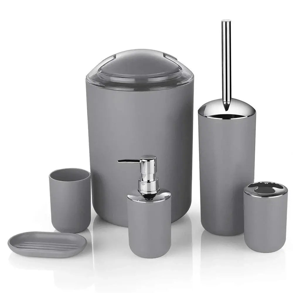 Gray bathroom set with chrome finish; dispenser, toothbrush holder, toilet brush, trash can, soap dish (6pcs)