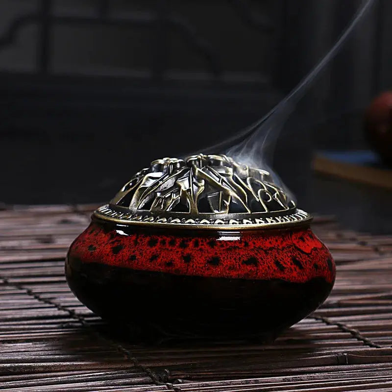 Ceramic Ice Crack Plate Incense Burner With Antique Copper Cover Aroma Diffuser Home Decor