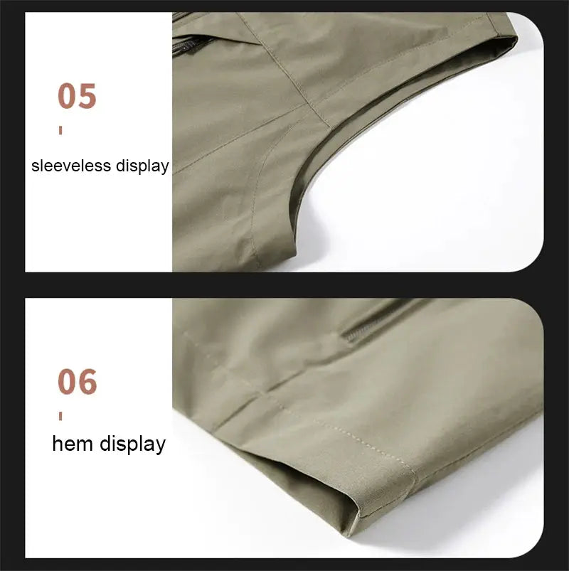 Khaki windproof men's sleeveless vest for outdoor motorcycle riding, close-ups of armhole and hem