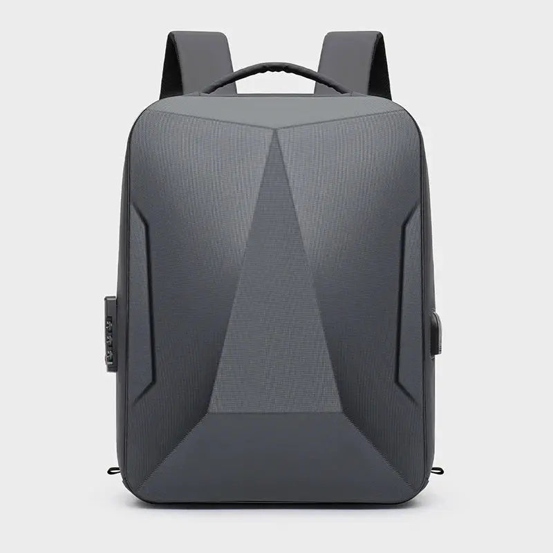 Hard-shell gray backpack with geometric panels; expandable laptop travel bag for business trips