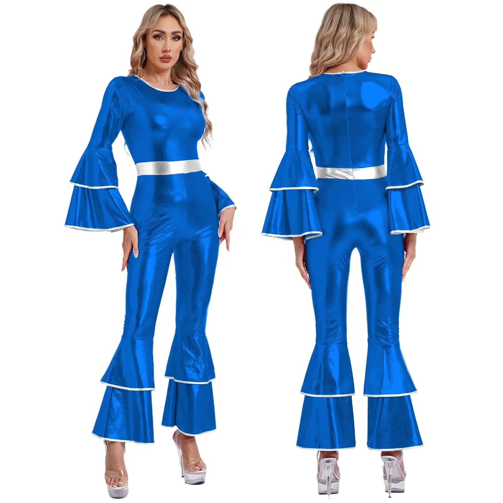 Womens blue metallic disco jumpsuit with bell sleeves and white belt by Simples Market; front and back views