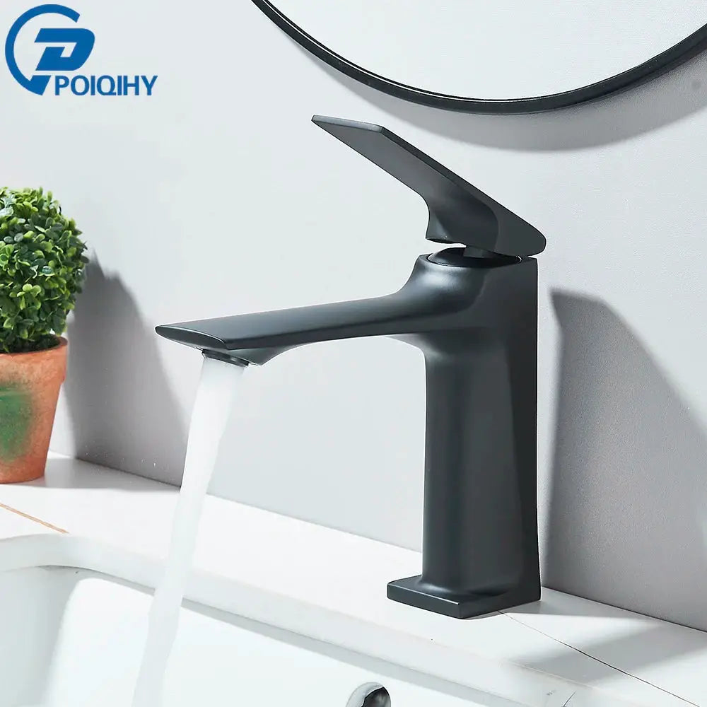 Black deck-mounted bathroom faucet with single lever and angular modern design