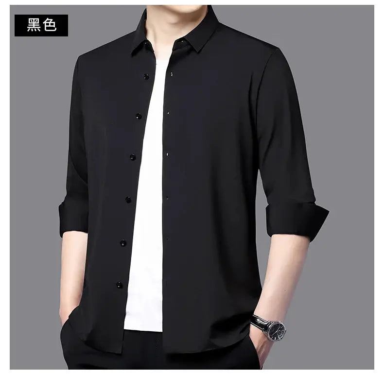 Men's black ultra-stretch silky shirt, long-sleeve business formal