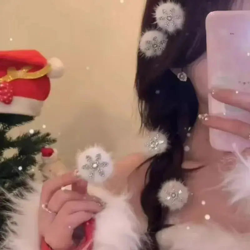 AuroraGlow Plush Fur Snowflake Hair Clips 2 Pack For Women Sparkling Rhinestone Accents Festive Hair Accessories