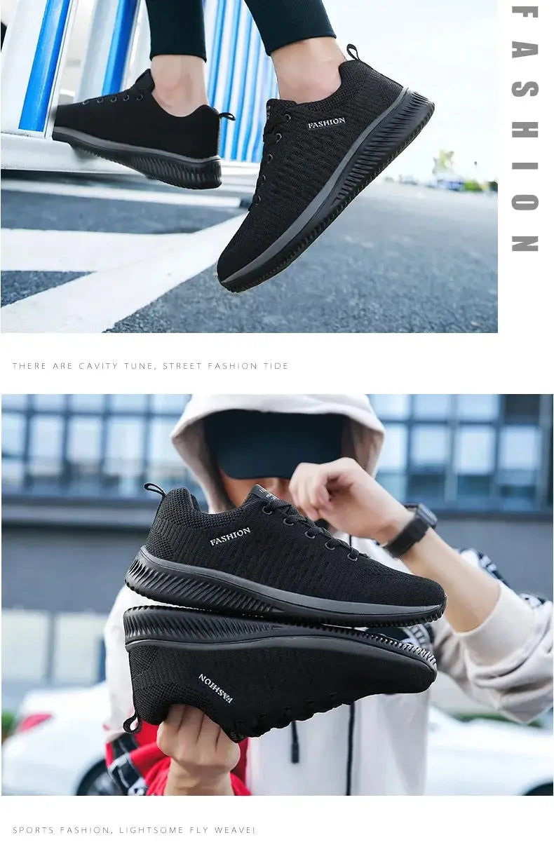 Pair of black knit running shoes; breathable, lightweight athletic sneakers