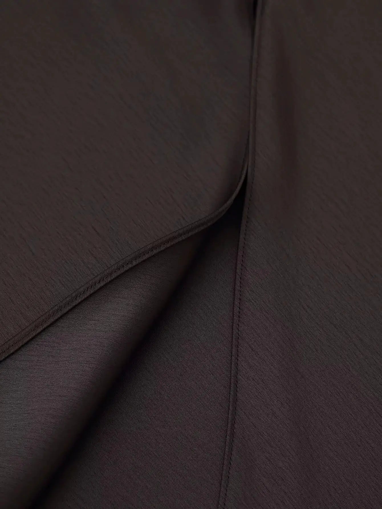 TFMLN Elegant Lace Splice Satin Half Skirt in brown; close-up shows smooth satin fabric and seam detail