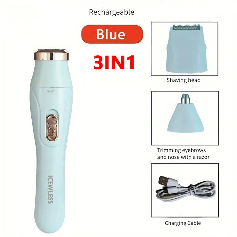 Electric hair trimmer blue waterproof 3-in-1 with shaving head, eyebrow/nose trimmer, and charging cable