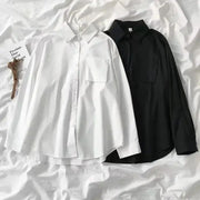 Simples Market Japanese-style loose long-sleeve shirts, white and black with pockets, oversized blouses, two shirts