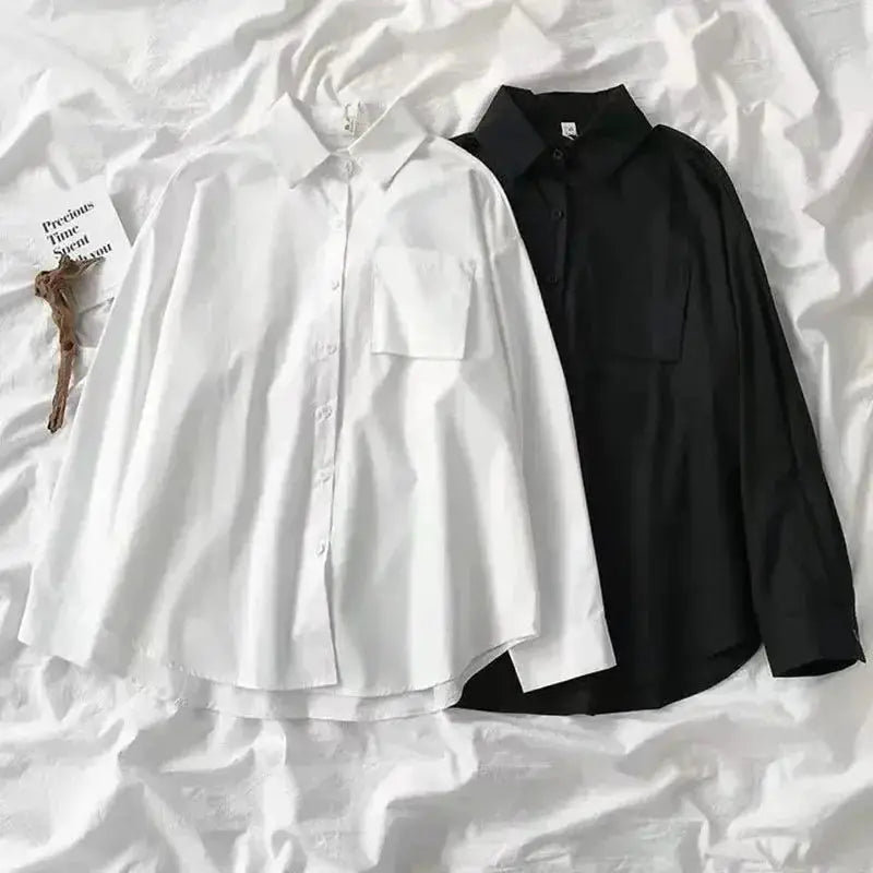 Simples Market Japanese-style loose long-sleeve shirts, white and black with pockets, oversized blouses, two shirts