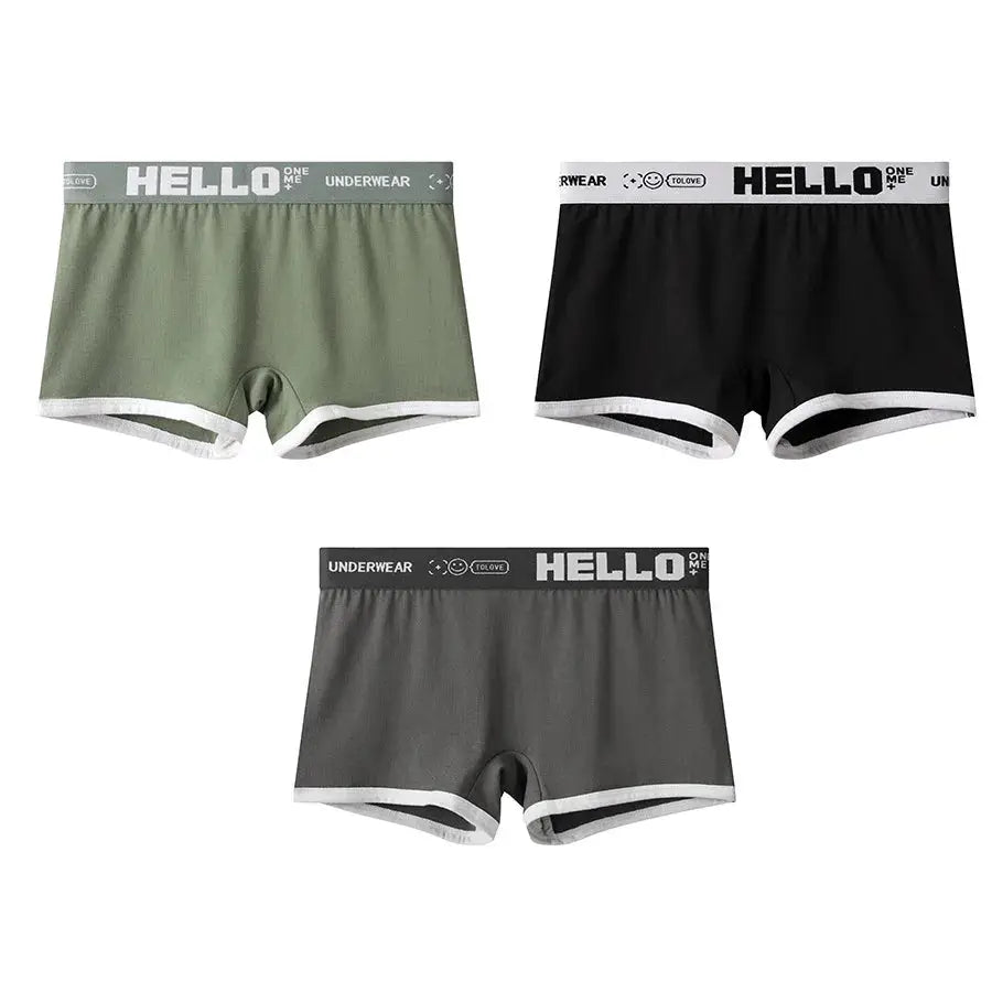 3pc set of women's cotton boyshorts underwear from Hello in green, black, and gray with white trim.