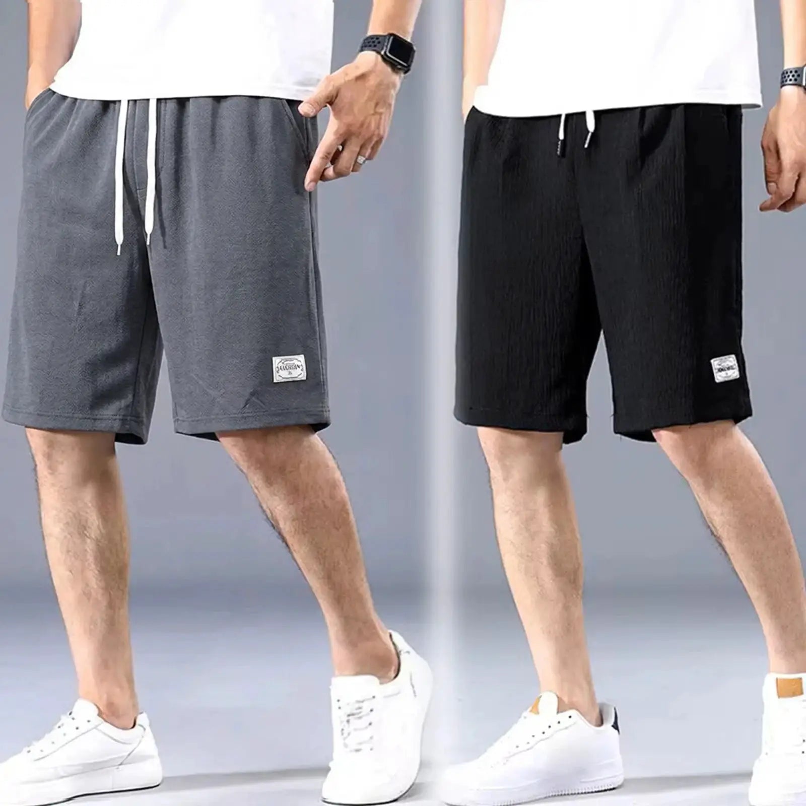 Lce Silk Shorts for men, Simples Market, thin breathable cropped pants with loose straight leg, gray and black, 2 pairs