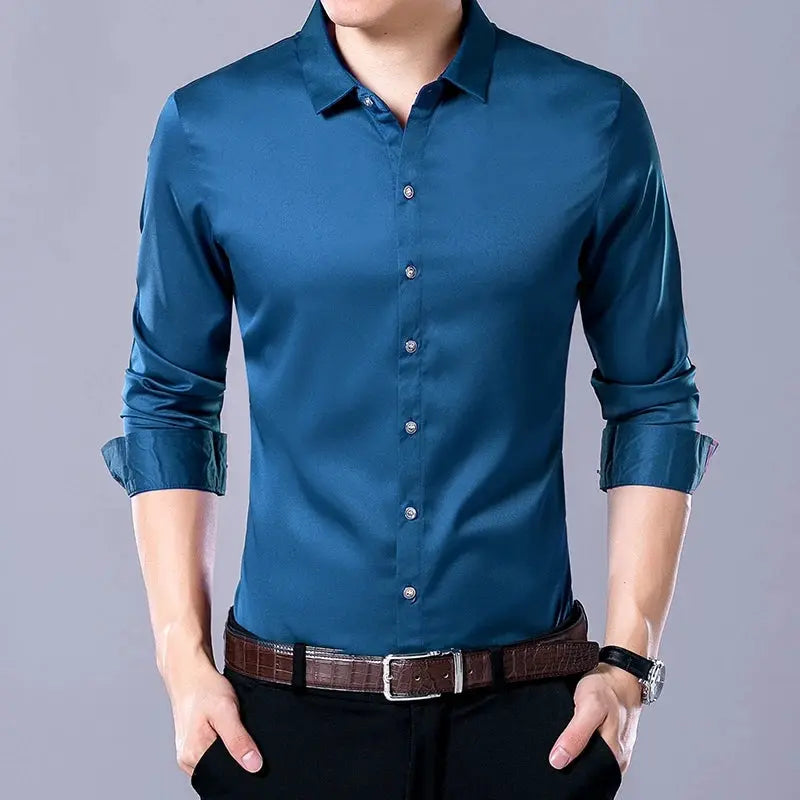 Men's blue solid-color long-sleeve shirt with rolled sleeves and button-down front