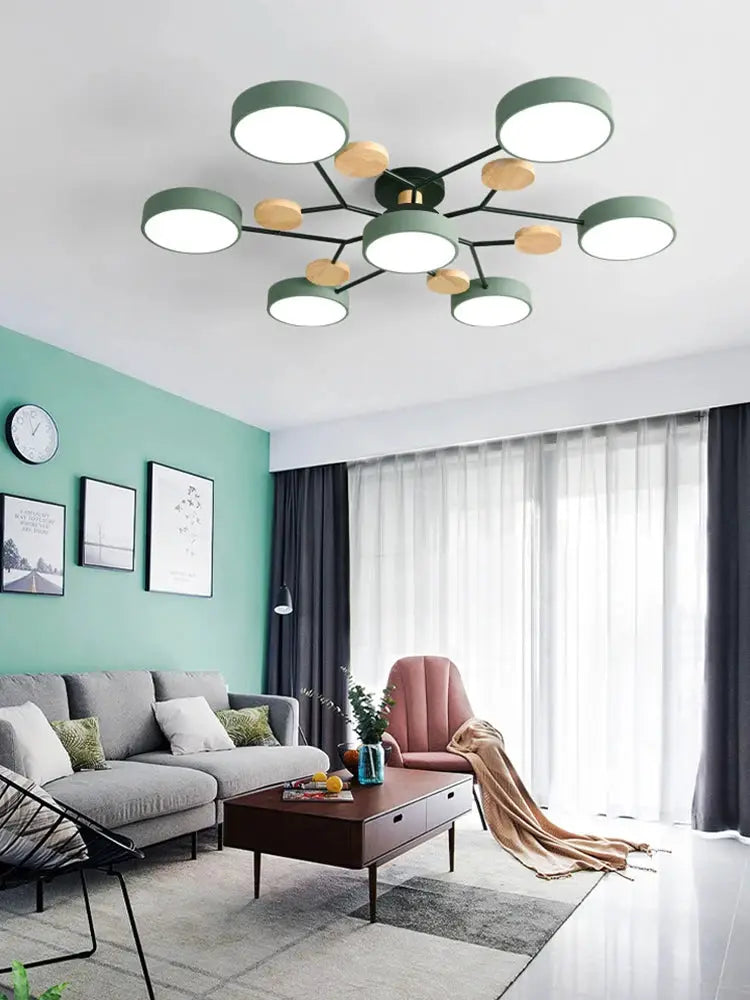 Simples Market modern LED chandelier, multi-arm green-gray ceiling lamp with wooden accents.