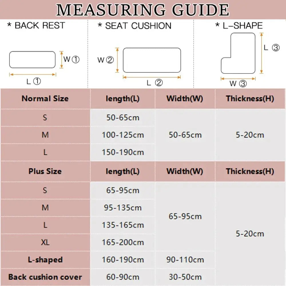 Sofa cover measuring guide for elastic velvet cushions, showing back rest, seat cushion, and L-shape diagrams