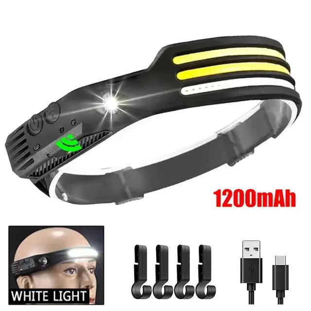 TrailTech Rechargeable LED Headlamp With Built In Battery 6 Modes Motion Sensor COB Sensor Waterproof