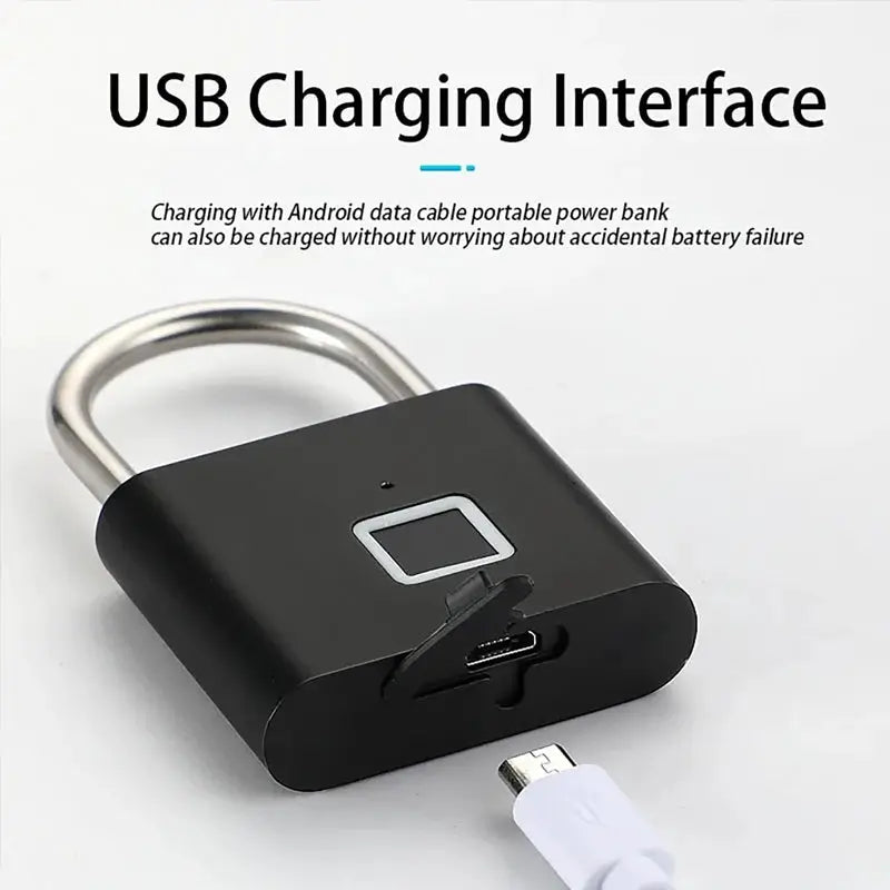 Keyless Smart Fingerprint Padlock USB charging interface, black compact security lock