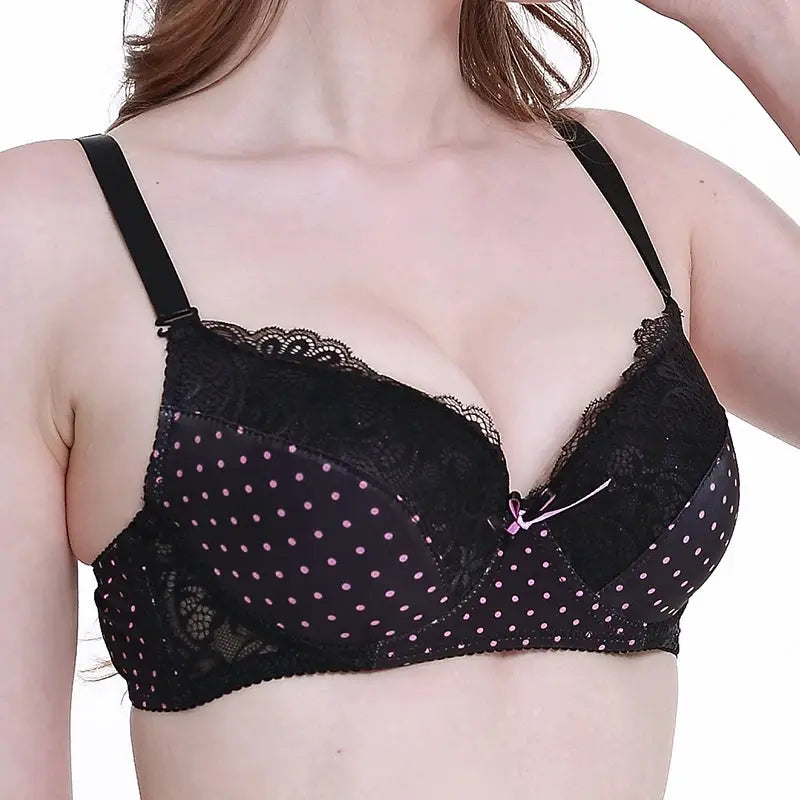 DaiNaFang lace push-up bra for women, black with pink polka dots and lace trim