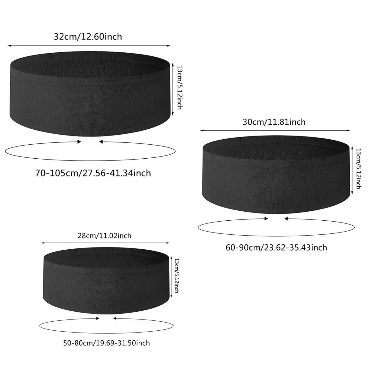 Simples Market black waist belt bags; adjustable running fanny packs in 50-80 cm, 60-90 cm, 70-105 cm.