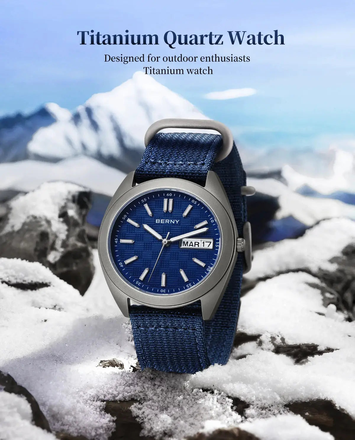 BERNY Titanium Quartz Watch with blue dial and blue fabric strap, date window