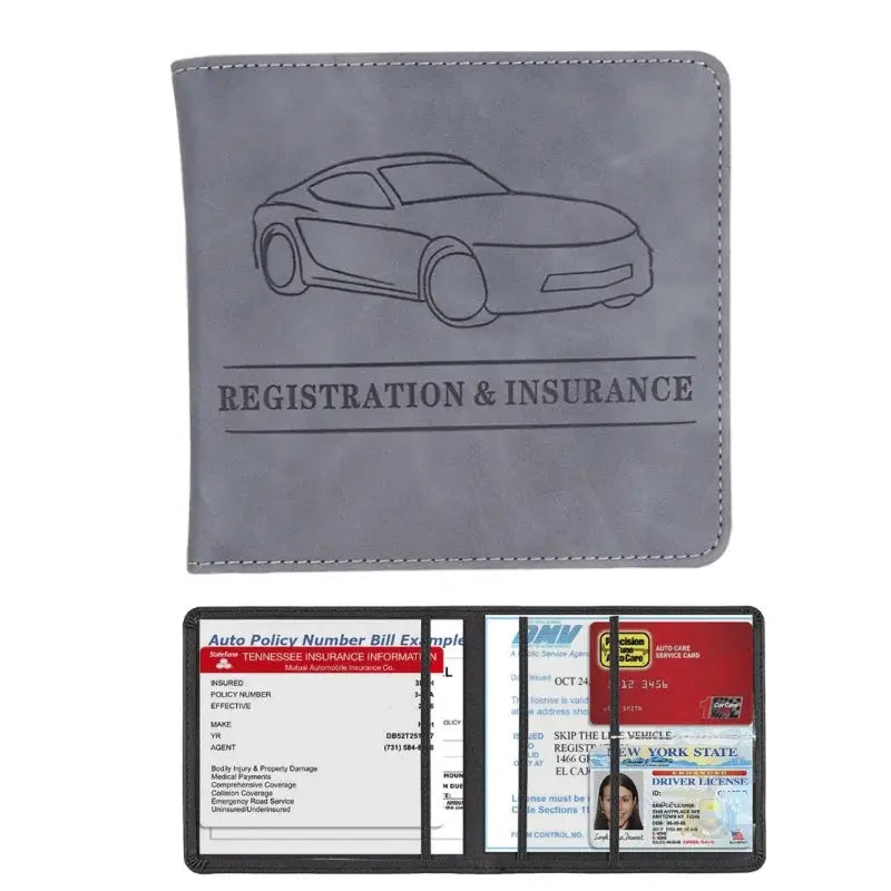 Men's gray leather card holder wallet by Simples Market with car registration and insurance cards inside