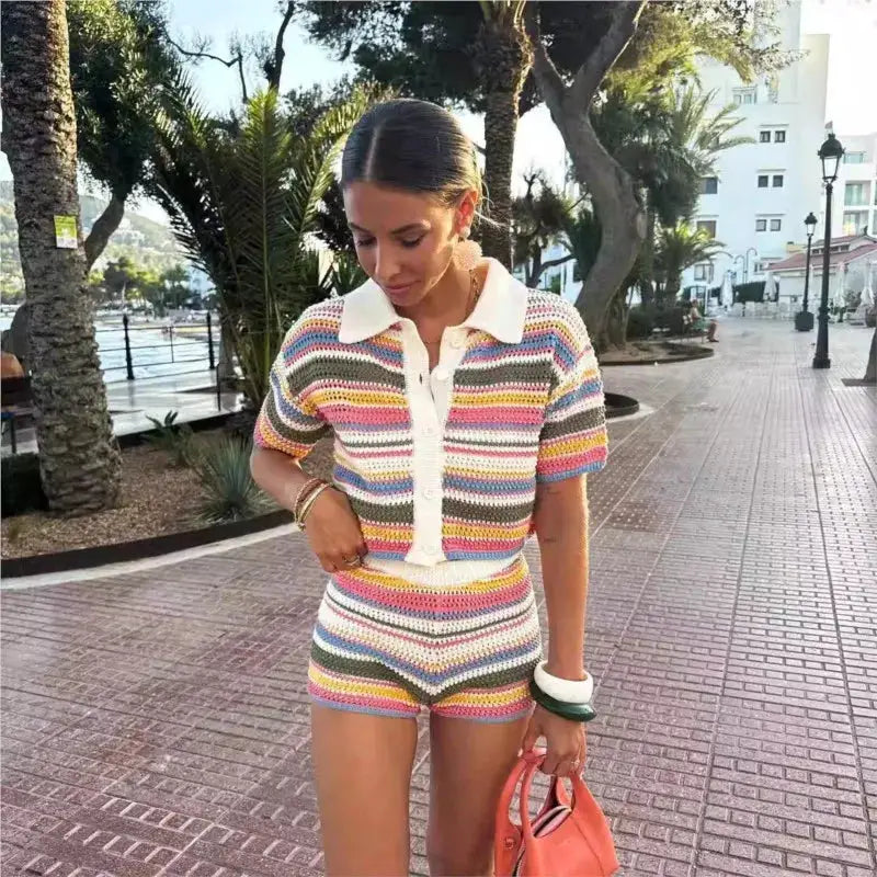 Women Patchwork Striped Crochet Knit Set Polo Collar Shorts Y2K Style