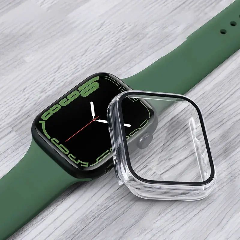 Tempered glass screen protector and clear protective case for Apple Watch with green band
