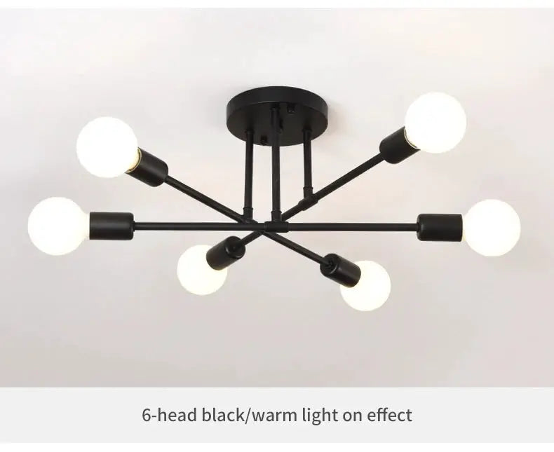 Simples Market 6-head black wrought-iron LED ceiling lamp with E27 base, retro industrial style for modern living rooms