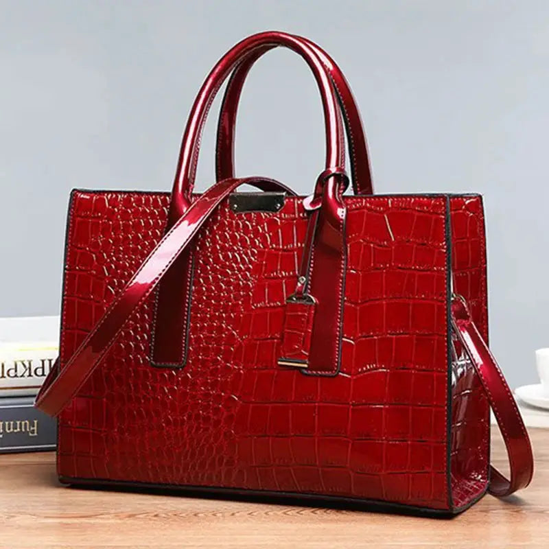 Simples Market red crocodile-pattern PU leather handbag with top handles and detachable crossbody strap