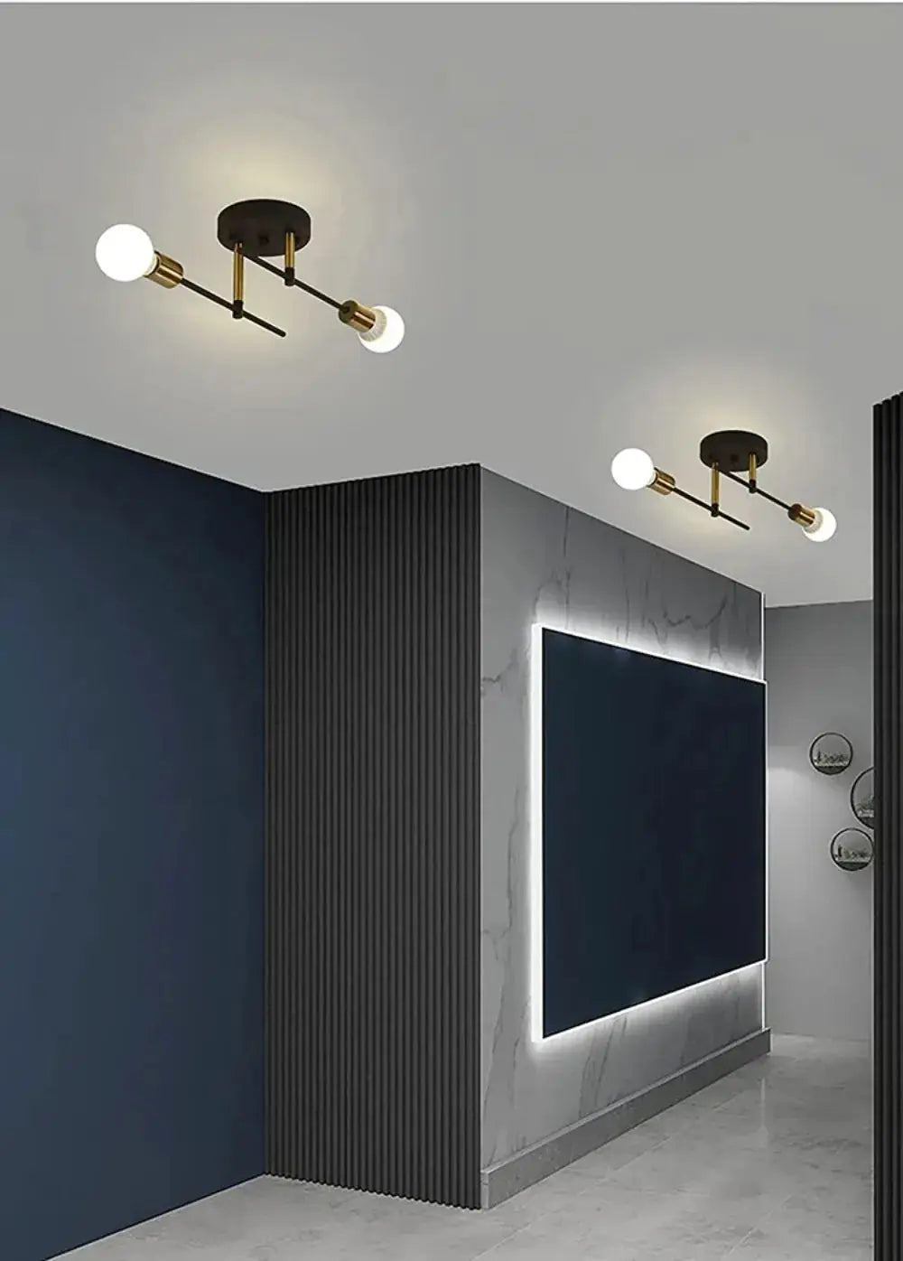 Pair of vintage E27 ceiling light fixtures with double heads in black and brass gold by Simples Market