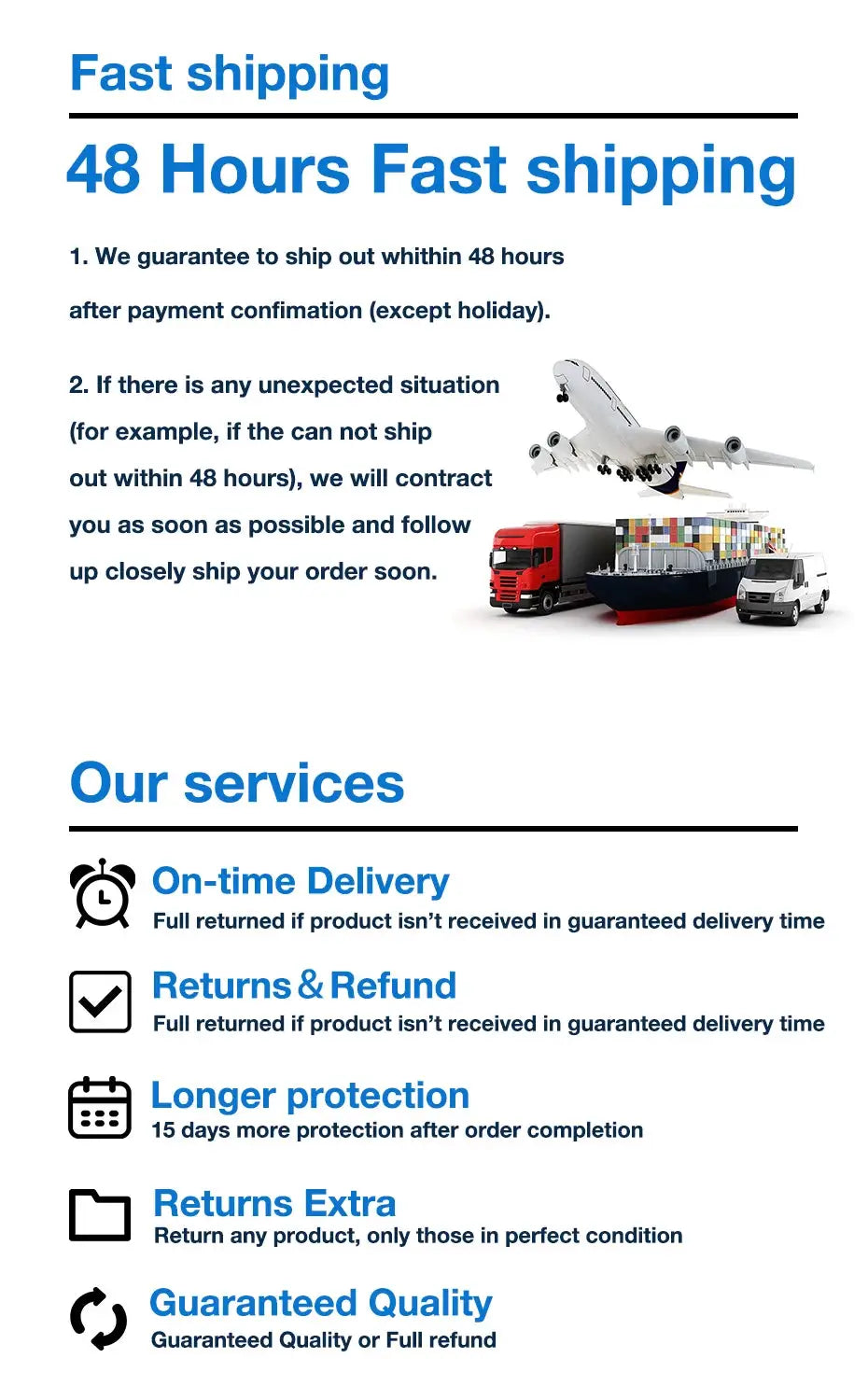 Simples Market shipping banner with fast shipping text and airplane, cargo ships, and trucks icons