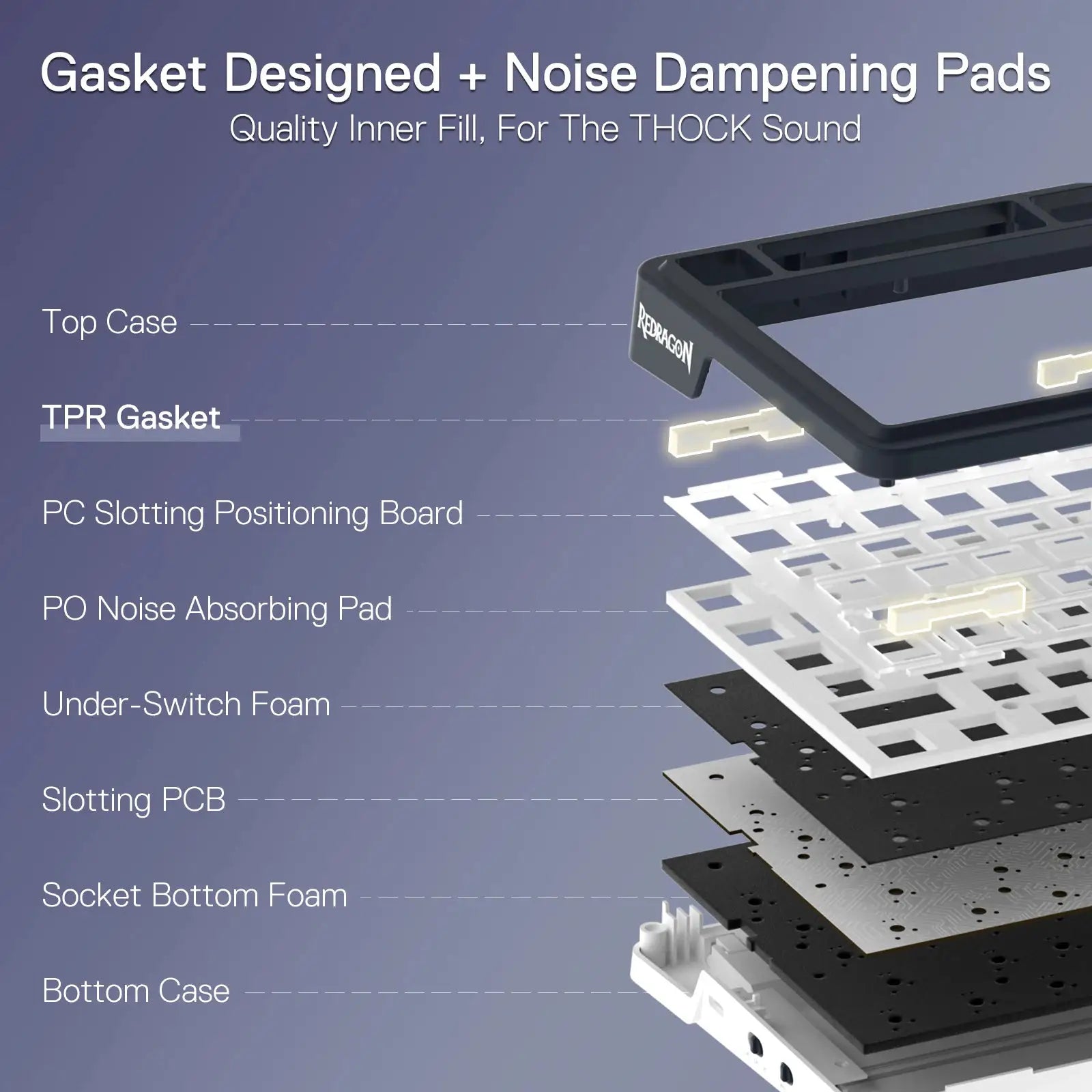 Redragon K686 PRO SE 98-key wireless gasket RGB gaming keyboard exploded view with top case, gasket, PCB foam layers