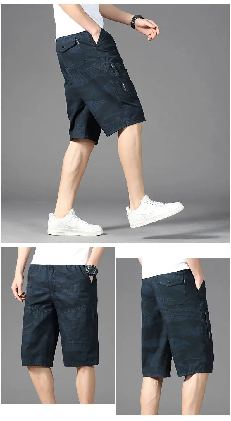 Men's knee-length casual shorts in navy camo cotton with zippered pockets, Simples Market