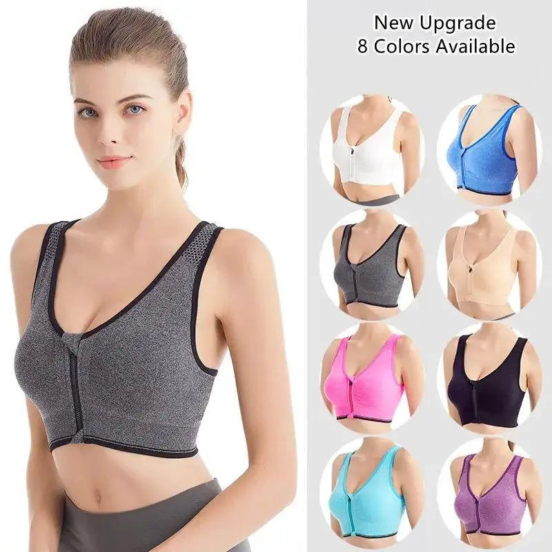 Simples Market women's front-zip seamless sports bra in grey with black trim; 8 color options shown