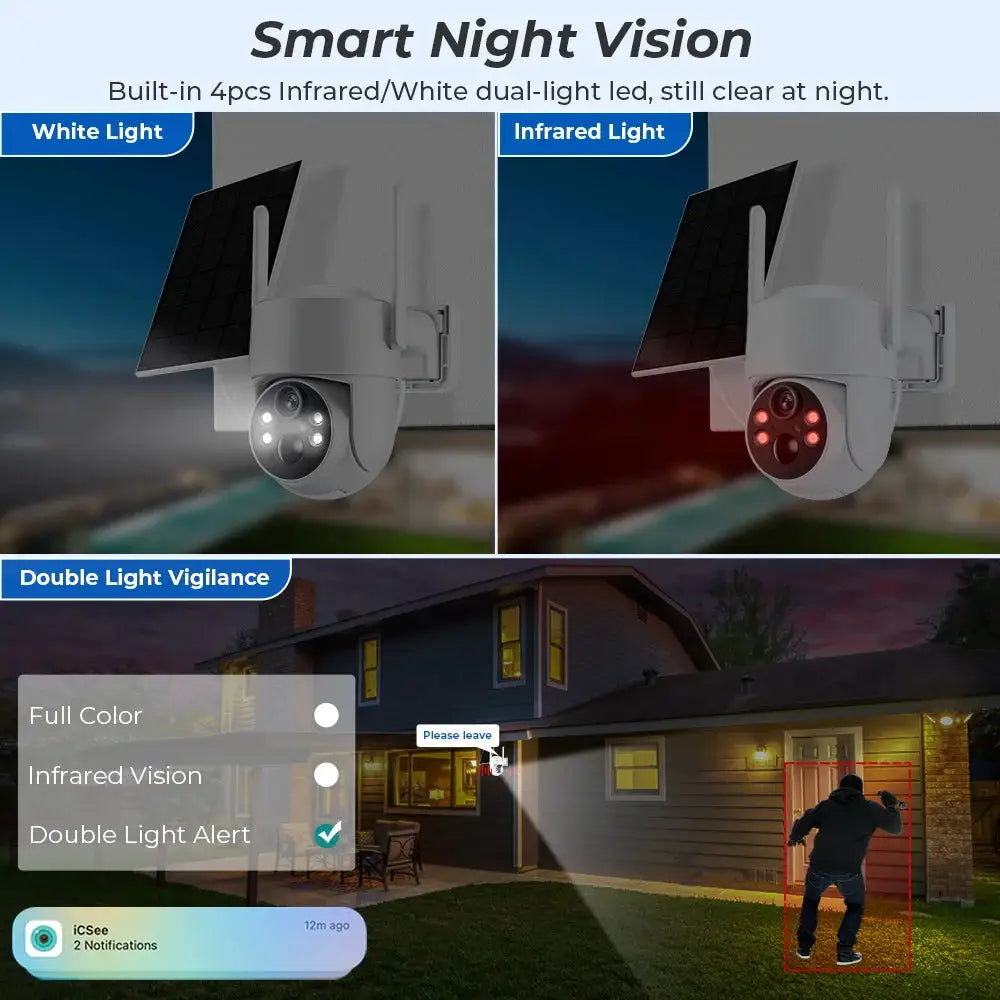 Simples Market WiFi PTZ outdoor solar IP camera, 4MP HD with built-in battery and dual white/infrared lights