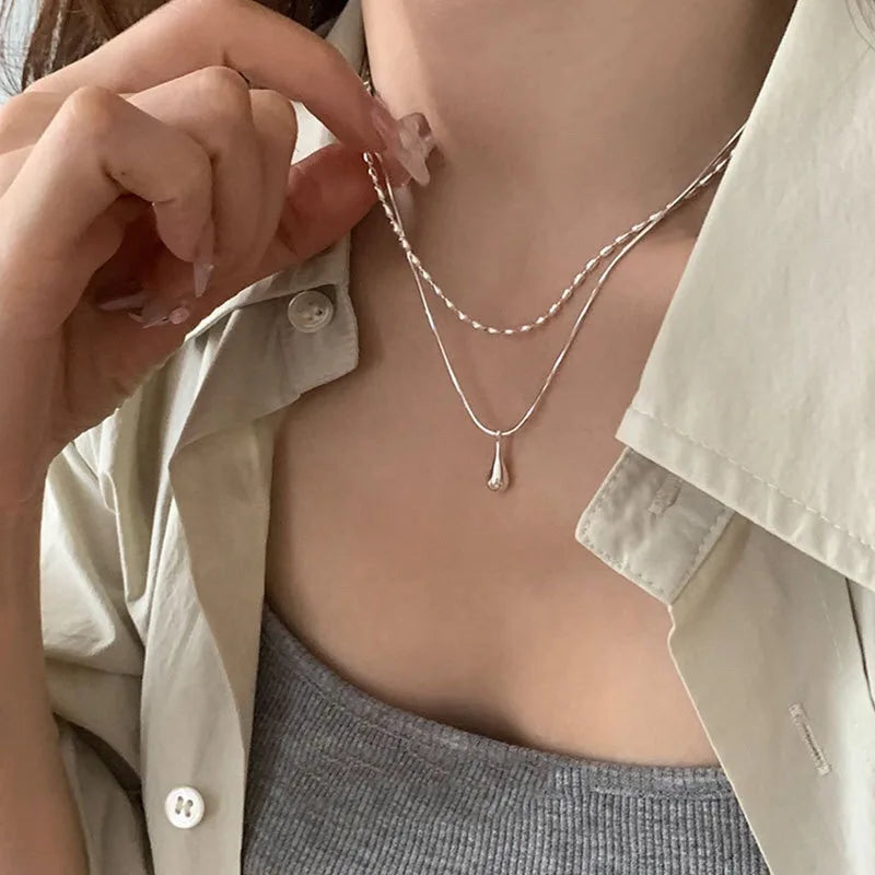 Double-layer sterling silver drop pendant necklace for women by Simples Market