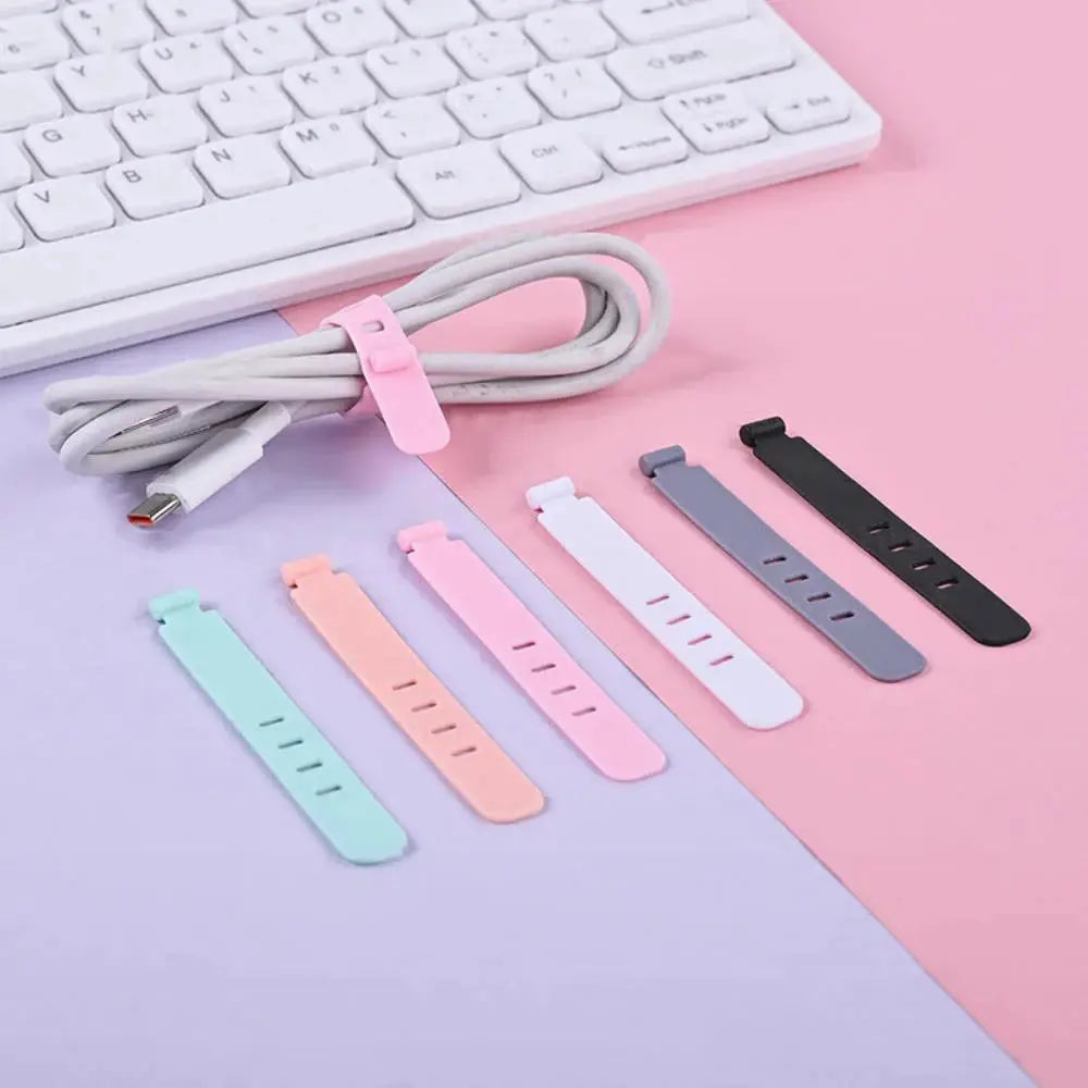 Silicone cable ties cord organizer set, 7 pastel straps in mint, peach, pink, lavender, white, gray, black