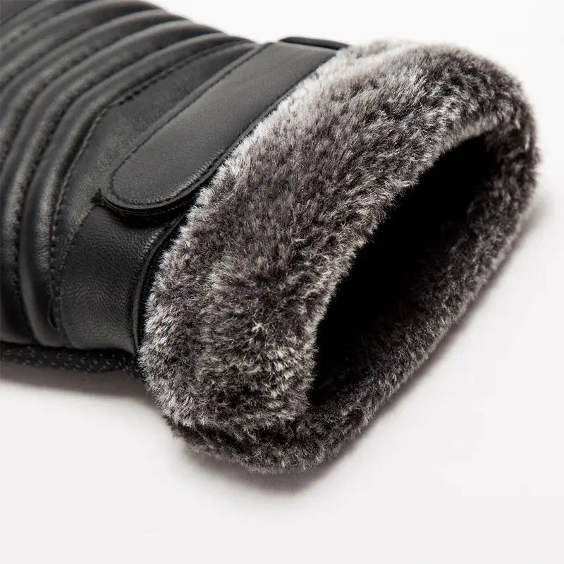 Men's Winter Gloves Fur Mouth Plush Insulation Outdoor Cycling Motorcycle PU Touch Screen Cotton Gloves