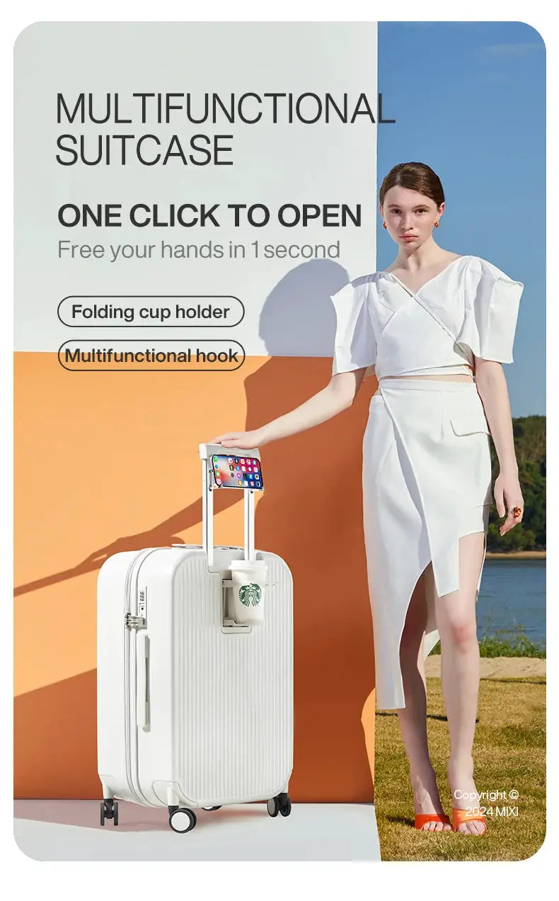 Mixi white hard-shell carry-on suitcase with cup holder and phone holder, Starbucks cup attached, spinner wheels