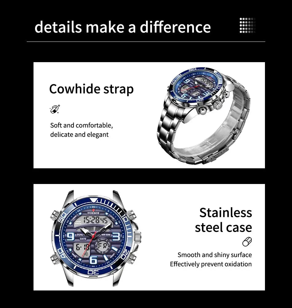 FOXBOX men's military sport watch with two views: cowhide strap and stainless steel case, blue dial, Simples Market