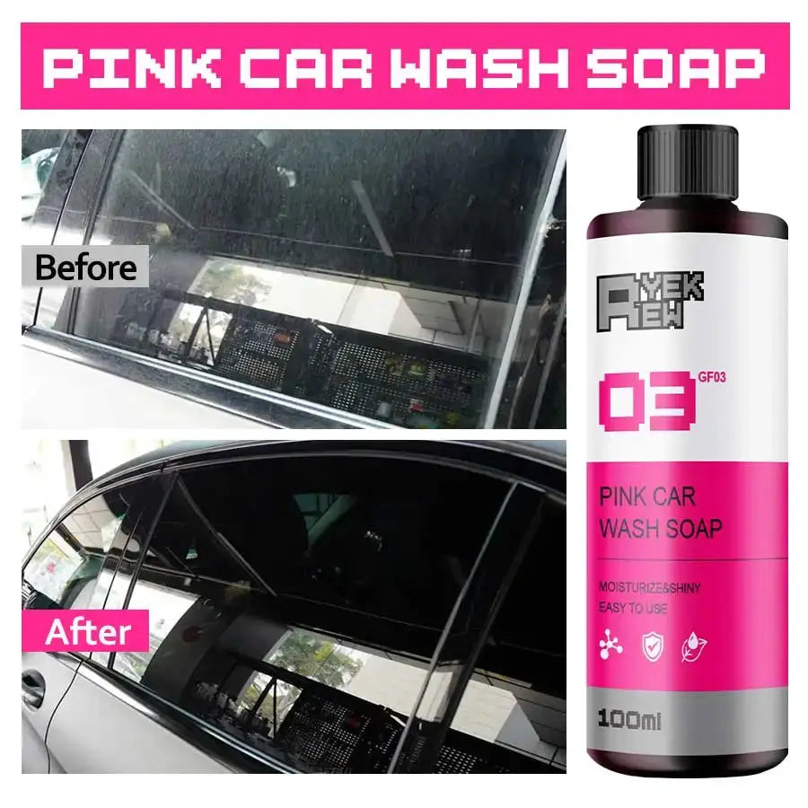 Pink Car Wash Soap bottle by Simples Market with two-panel before/after car shots