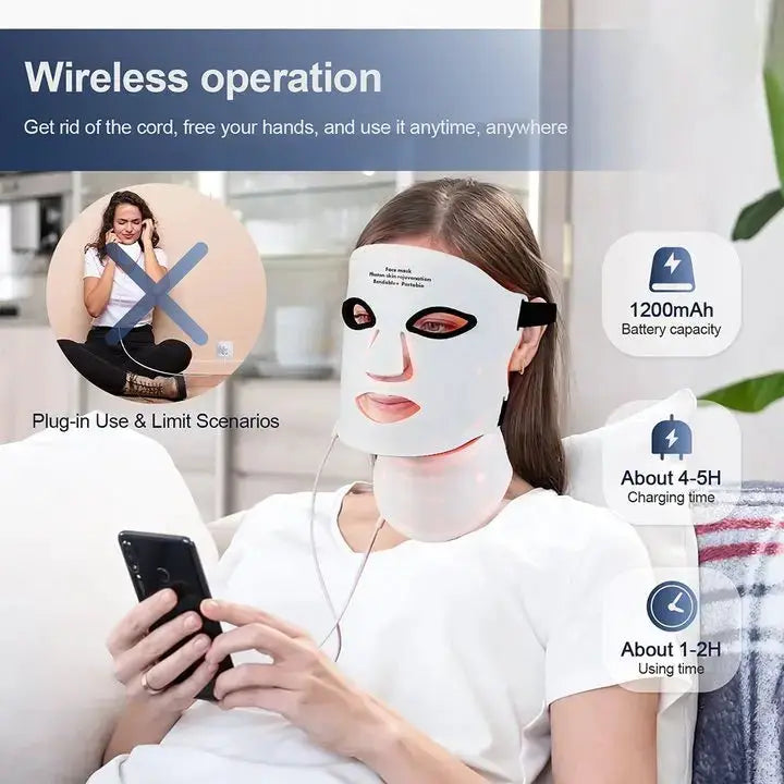 Silicone LED Mask With Neck 7 Color Photon Therapy Anti Aging Brighten