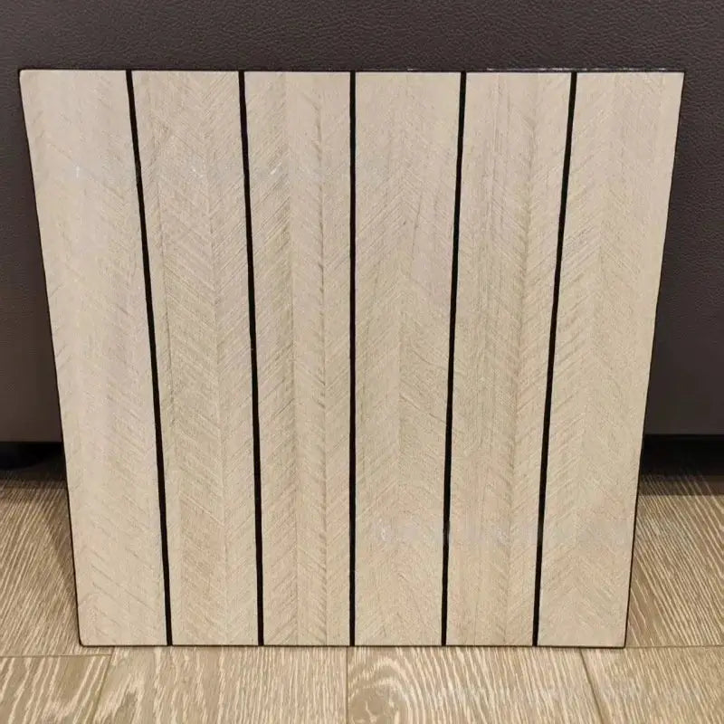 Simples Market faux wood grain grille self-adhesive wallpaper panel in light beige with vertical slats.
