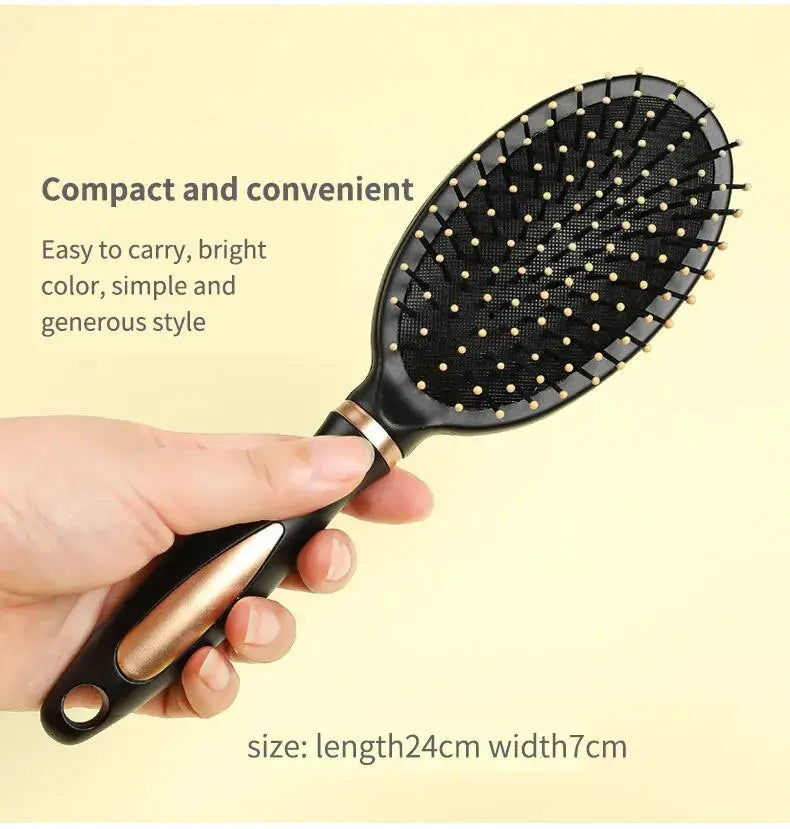 Air bag anti-static hair brush by Simples Market; black plastic handle with gold accents, 24 cm long, for curly hair.