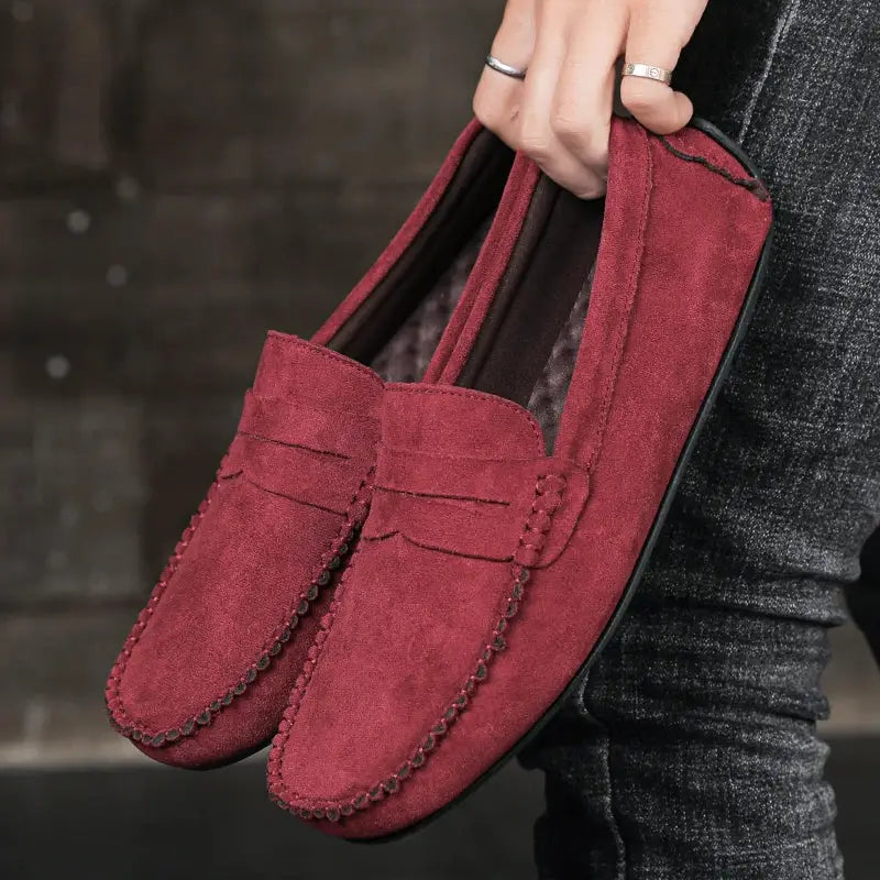 Men's burgundy suede loafers slip-on driving shoes with black sole