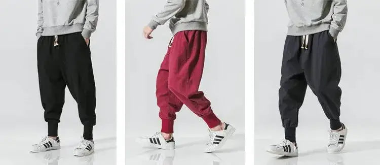 Cotton Linen Harem Joggers for Men by Simples Market in black, burgundy, and navy; three baggy drop-crotch streetwear pants